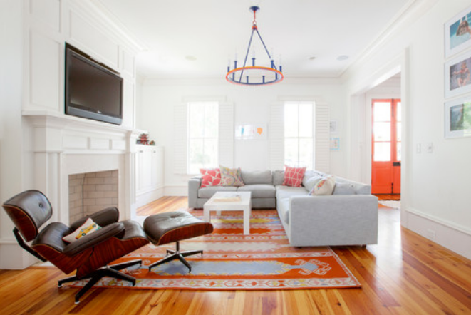 Living Room with Blue and Orange Color Pallette 